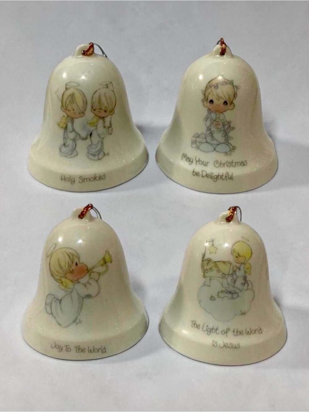 Vintage Set of 4 Precious Moments by Enesco Porcelain Bell Christmas Ornaments